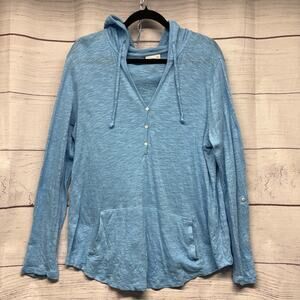 J. Jill Linen Cotton Hooded Henley Knit Shirt Blue Size Large Coastal Grandma